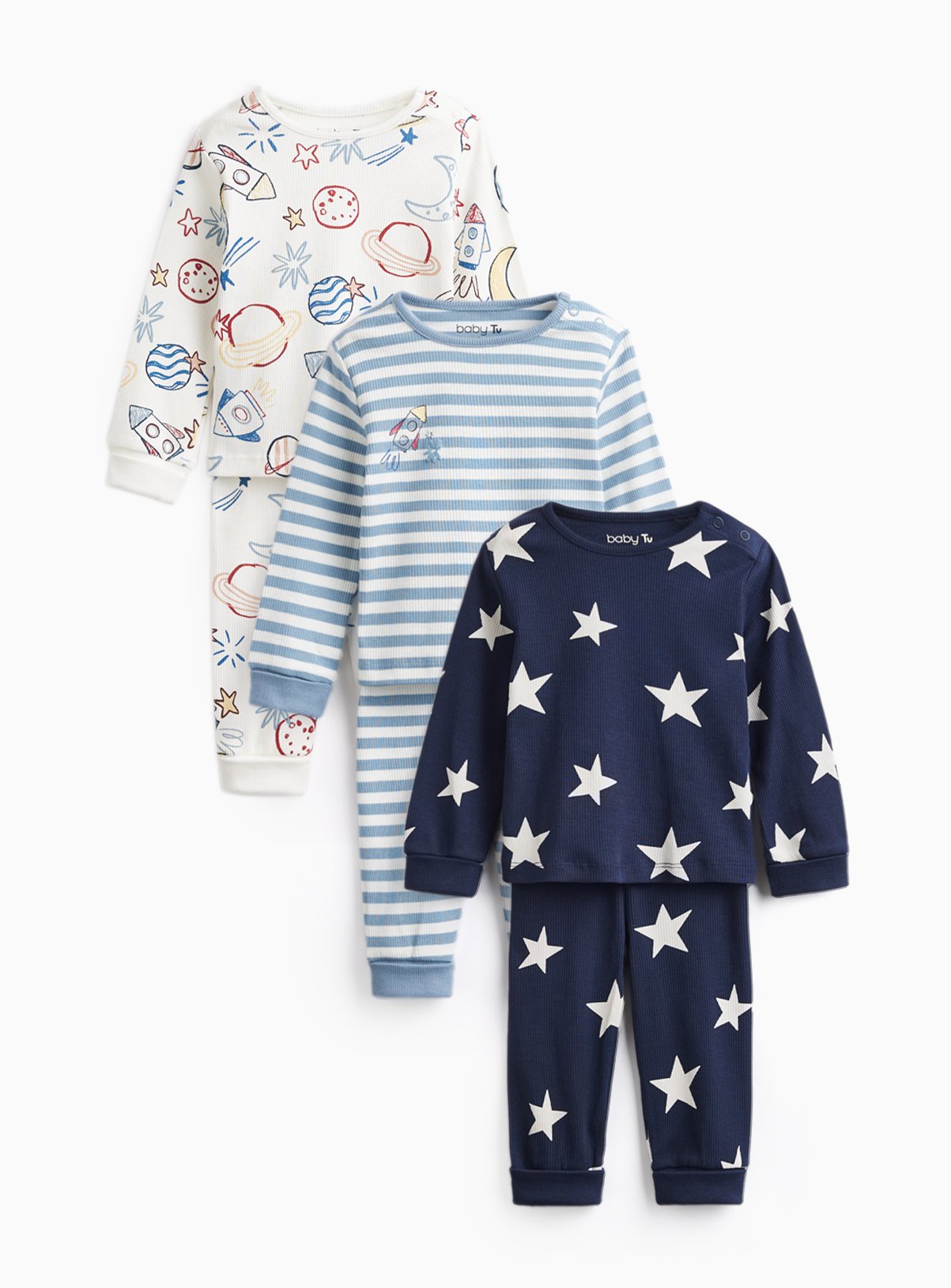 Blue Space Print Pyjamas 3 Pack 9-12 months - Image 1 thumbnail